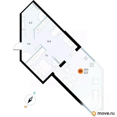 1-комн. апартаменты, 64.5 м&sup2;