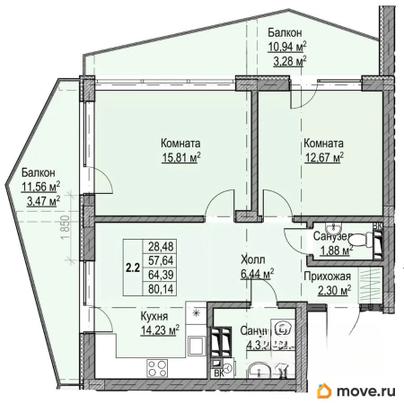 2-комн. квартира, 64.39 м&sup2;
