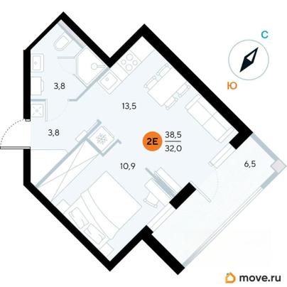 1-комн. апартаменты, 38.5 м&sup2;