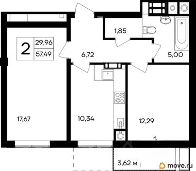 2-комн. квартира, 57.49 м&sup2;