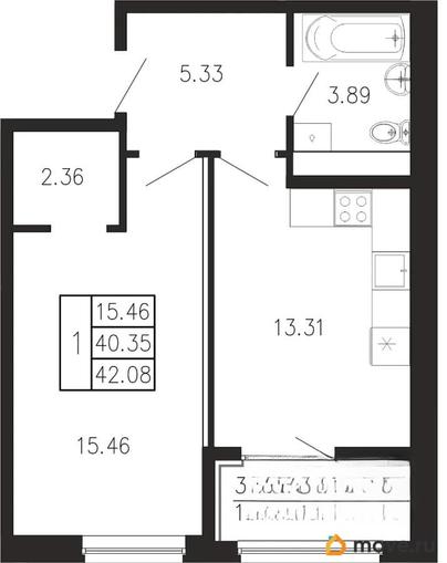 1-комн. квартира, 42.08 м&sup2;