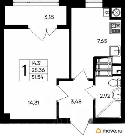 1-комн. квартира, 31.54 м&sup2;
