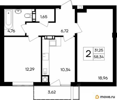 2-комн. квартира, 58.34 м&sup2;