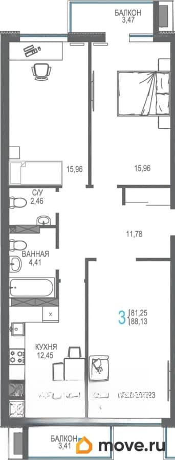 3-комн. квартира, 88.59 м&sup2;