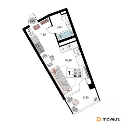 1-комн. апартаменты, 36.5 м&sup2;