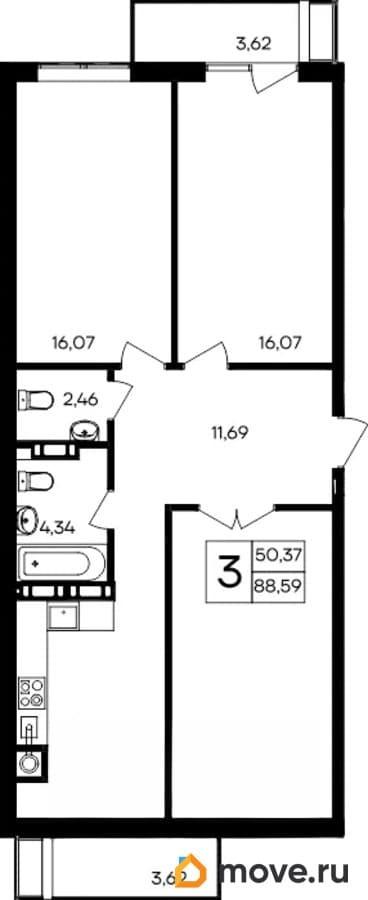 3-комн. квартира, 88.59 м&sup2;
