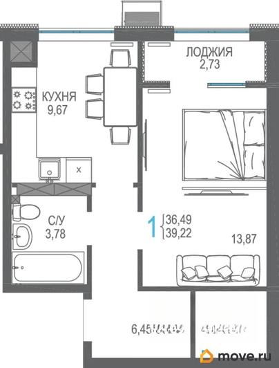 1-комн. квартира, 39.63 м&sup2;