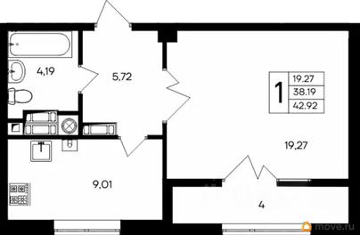 1-комн. квартира, 42.92 м&sup2;