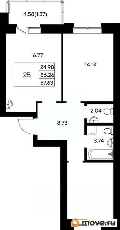 2-комн. квартира, 57.63 м&sup2;