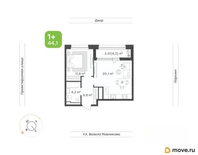 1-комн. квартира, 44.1 м&sup2;