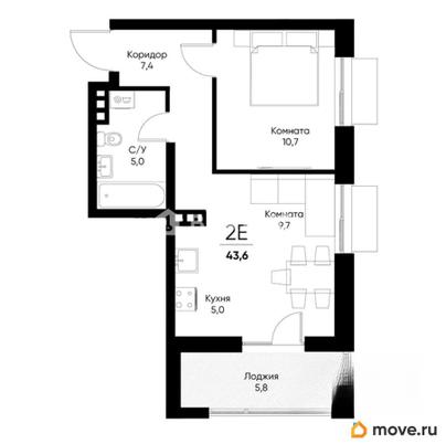 1-комн. квартира, 43.6 м&sup2;