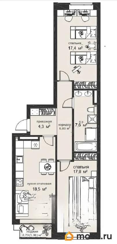 2-комн. квартира, 73.7 м&sup2;