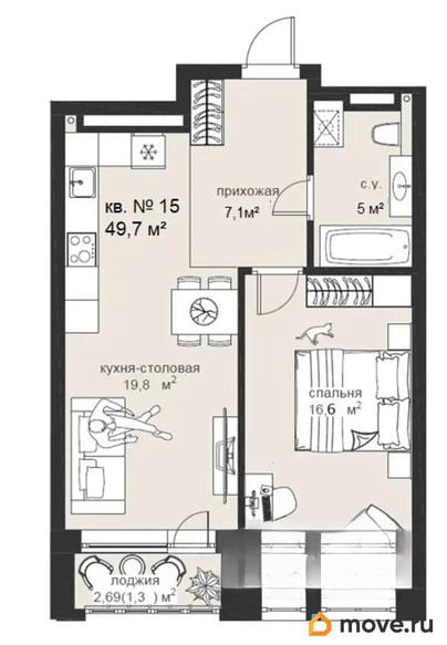 1-комн. квартира, 49.7 м&sup2;
