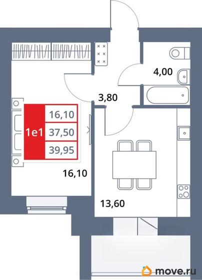 1-комн. квартира, 39.95 м&sup2;