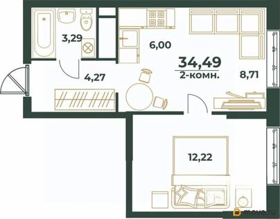 2-комн. квартира, 34.49 м&sup2;