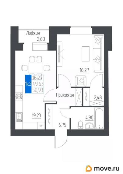 1-комн. квартира, 50.93 м&sup2;