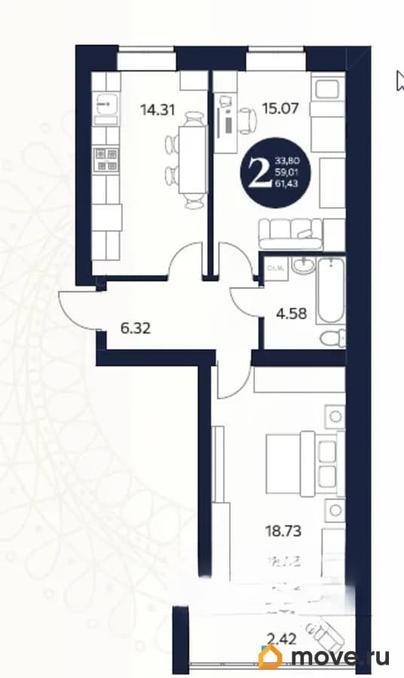 2-комн. квартира, 61.43 м&sup2;