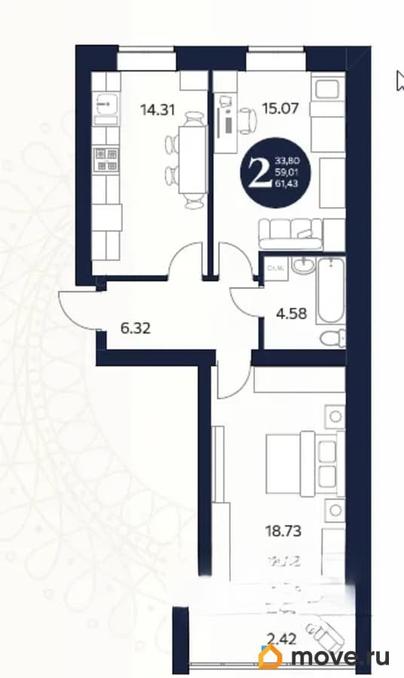 2-комн. квартира, 61.43 м&sup2;