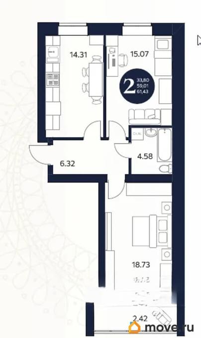 2-комн. квартира, 61.43 м&sup2;