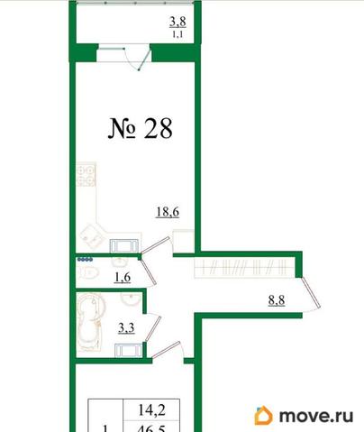 1-комн. квартира, 47.6 м&sup2;