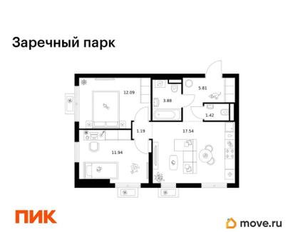 2-комн. квартира, 53.87 м&sup2;