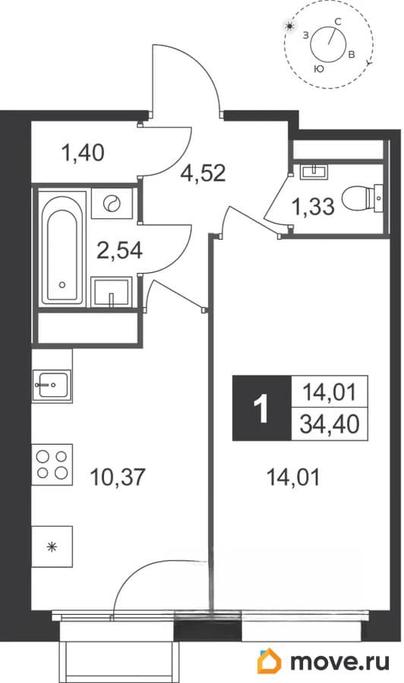 1-комн. квартира, 34.4 м&sup2;