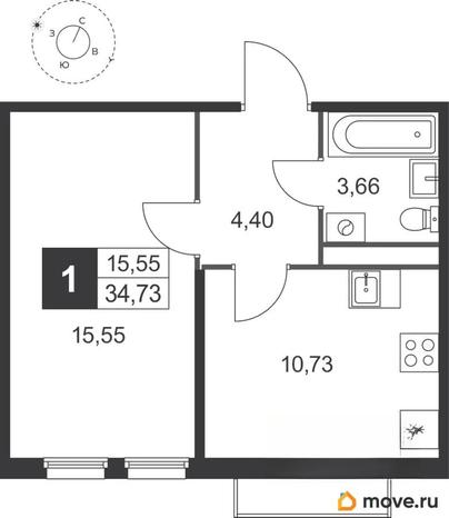 1-комн. квартира, 34.73 м&sup2;