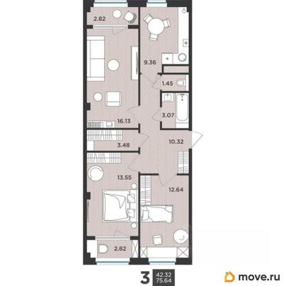 3-комн. квартира, 75.64 м&sup2;