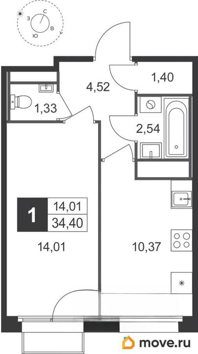 1-комн. квартира, 34.4 м&sup2;