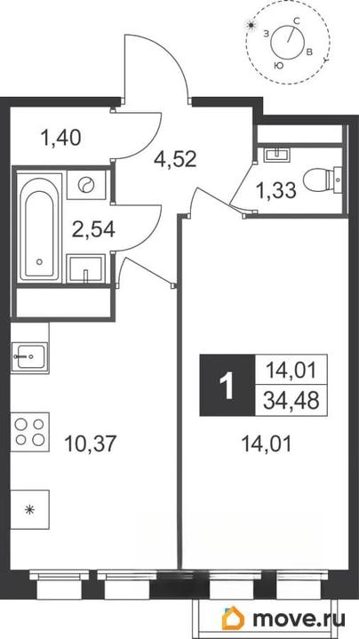 1-комн. квартира, 34.48 м&sup2;