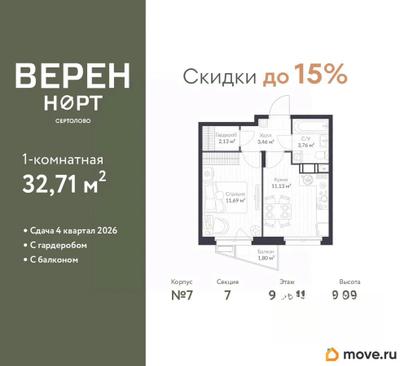 1-комн. квартира, 32.71 м&sup2;