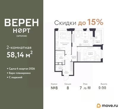 2-комн. квартира, 58.14 м&sup2;