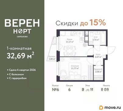 1-комн. квартира, 32.69 м&sup2;