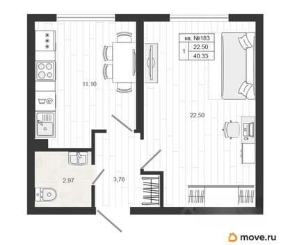 1-комн. квартира, 40.6 м&sup2;