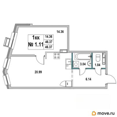 1-комн. квартира, 46.37 м&sup2;