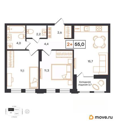 2-комн. квартира, 55 м&sup2;