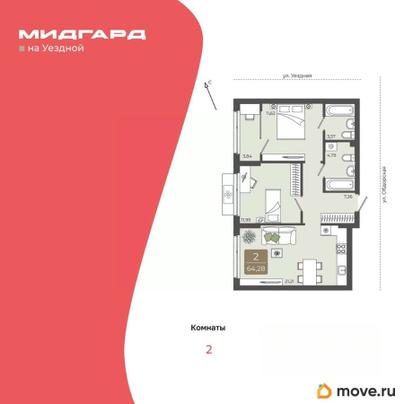2-комн. квартира, 64.28 м&sup2;