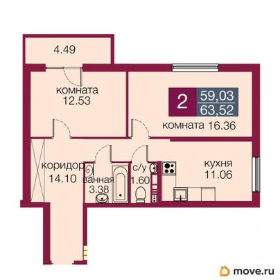 2-комн. апартаменты, 59.03 м&sup2;