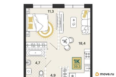 1-комн. квартира, 39.3 м&sup2;