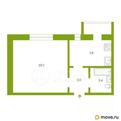 1-комн. квартира, 34.4 м&sup2;