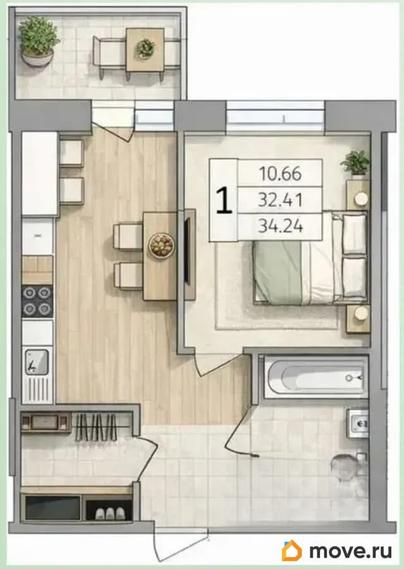 1-комн. квартира, 34.24 м&sup2;