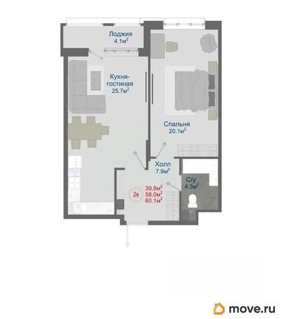 2-комн. квартира, 60.1 м&sup2;