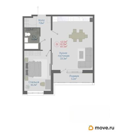2-комн. квартира, 64.5 м&sup2;