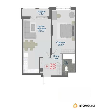 2-комн. квартира, 60.1 м&sup2;
