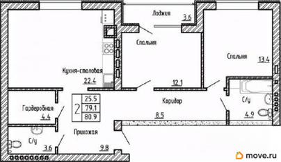 2-комн. квартира, 80.9 м&sup2;