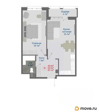 2-комн. квартира, 60.1 м&sup2;
