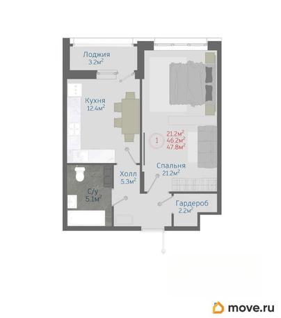 1-комн. квартира, 47.8 м&sup2;