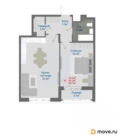 2-комн. квартира, 66.1 м&sup2;