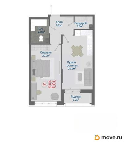2-комн. квартира, 56.2 м&sup2;