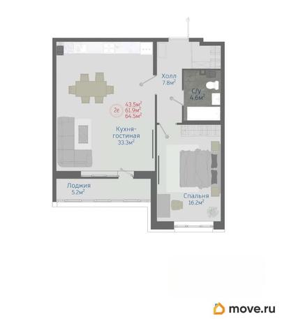 2-комн. квартира, 64.5 м&sup2;